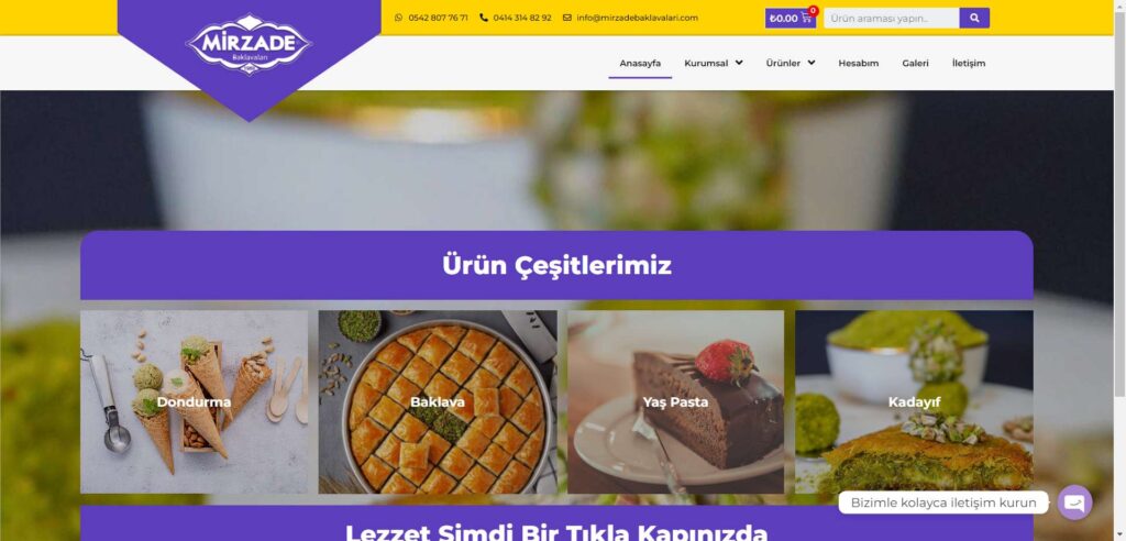 Mirzade Baklavaları E-Ticaret Sitesi – ana sayfa görünümü