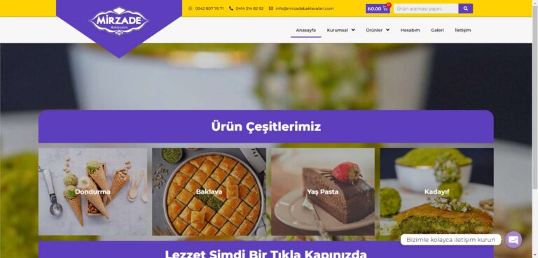 Mirzade Baklavaları e-ticaret sitesi ana sayfa ekran görüntüsü