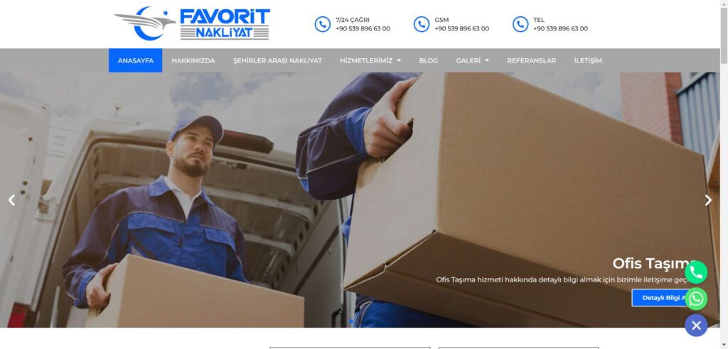 Favorit Nakliyat Web Sitesi – ana sayfa görünümü