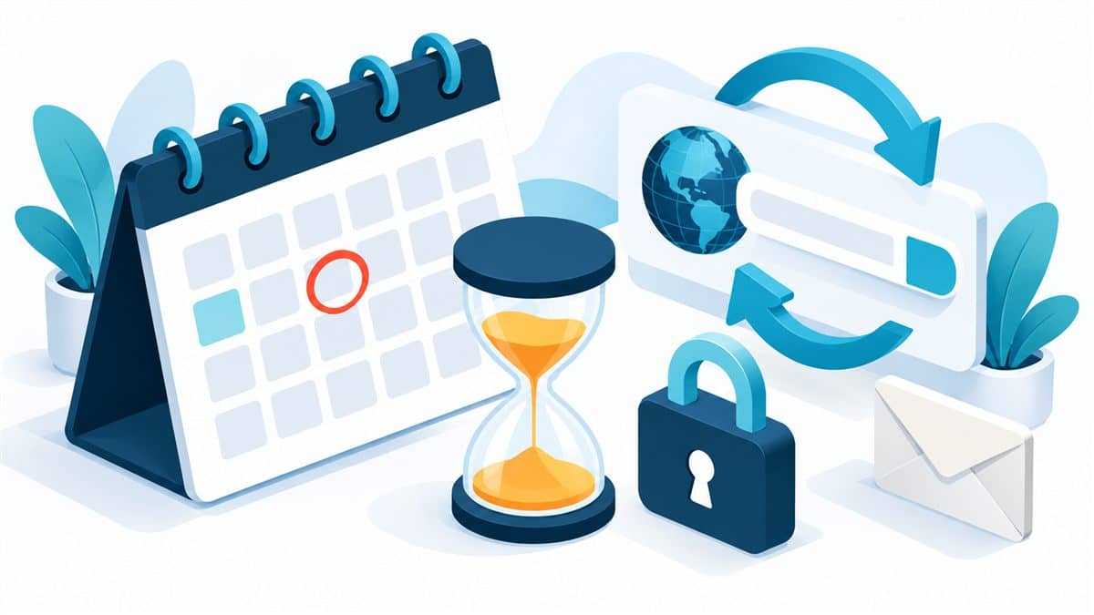 What happens if domain expires: illustration showing domain lifespan with calendar, hourglass, and renewal cycle