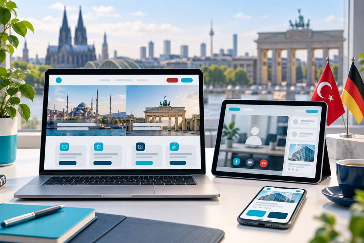 Alman şehir silueti önünde laptopta iki dilli Türkçe-Almanca kurumsal web sitesi ve görüntülü görüşme