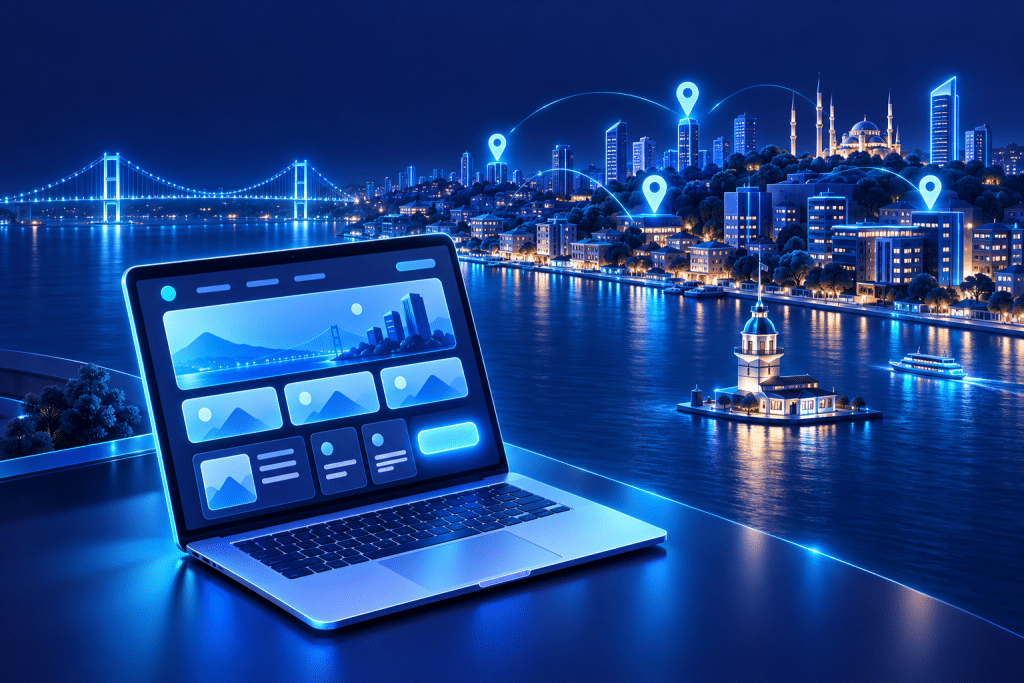 Anadolu Yakası web tasarım: İstanbul Anadolu Yakası kıyısı ve web sitesi gösteren dizüstü bilgisayar