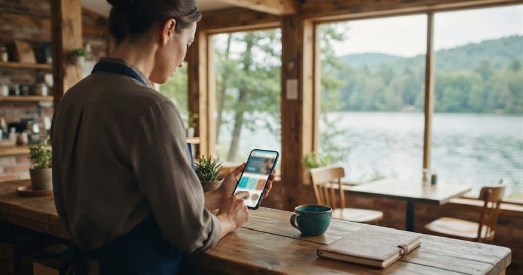Avcılar web tasarım: göl kıyısındaki kafede telefondan menü sitesini kontrol eden işletme sahibi