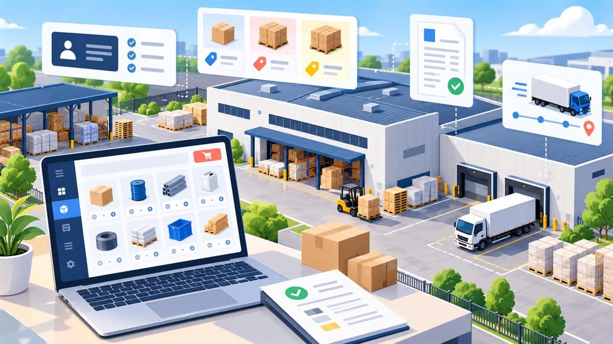 B2B web sitesi kurmak: depo ve fabrika önünde toplu sipariş kataloğu, bayi hesabı, fatura ve sevkiyat simgeleri illüstrasyonu