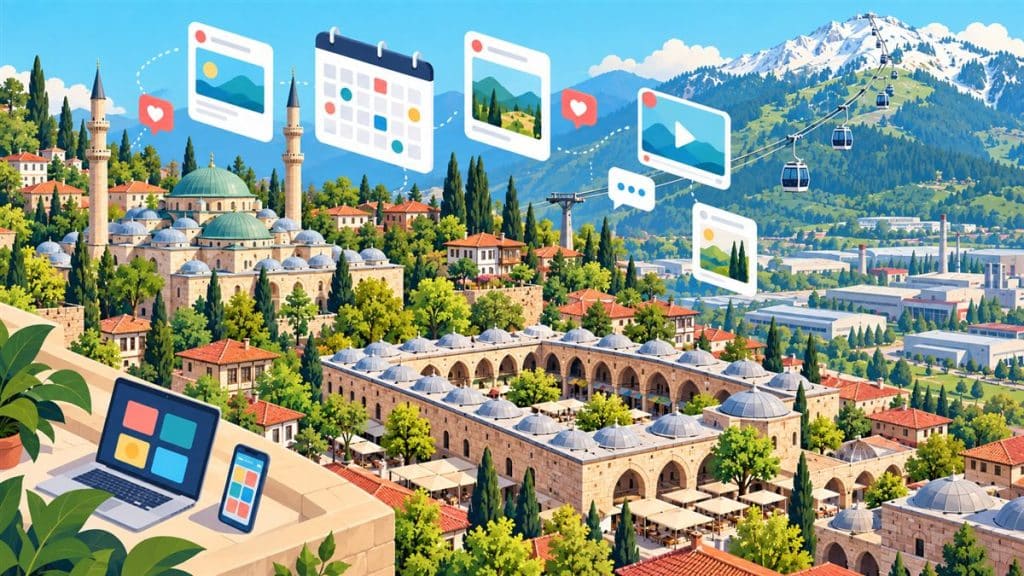 Bursa sosyal medya yönetimi: tarihi han, kubbeli camiler ve karlı Uludağ üzerinde sosyal medya içerik simgeleri illüstrasyonu