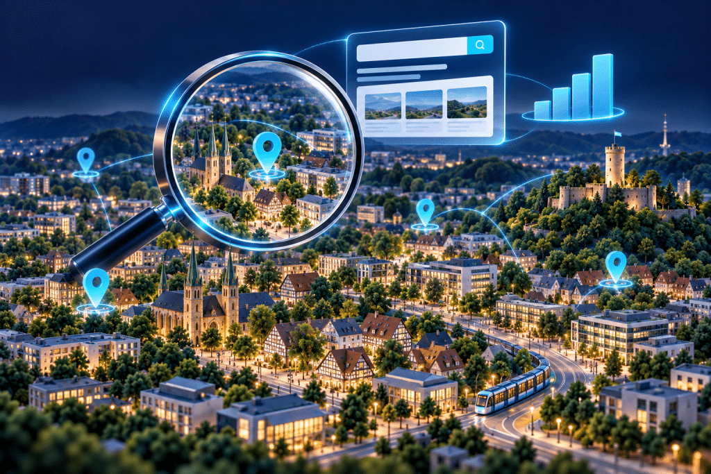 Bielefeld SEO ajansı: şehir semtleri üzerinde büyüteç, konum iğneleri ve yükselen grafik