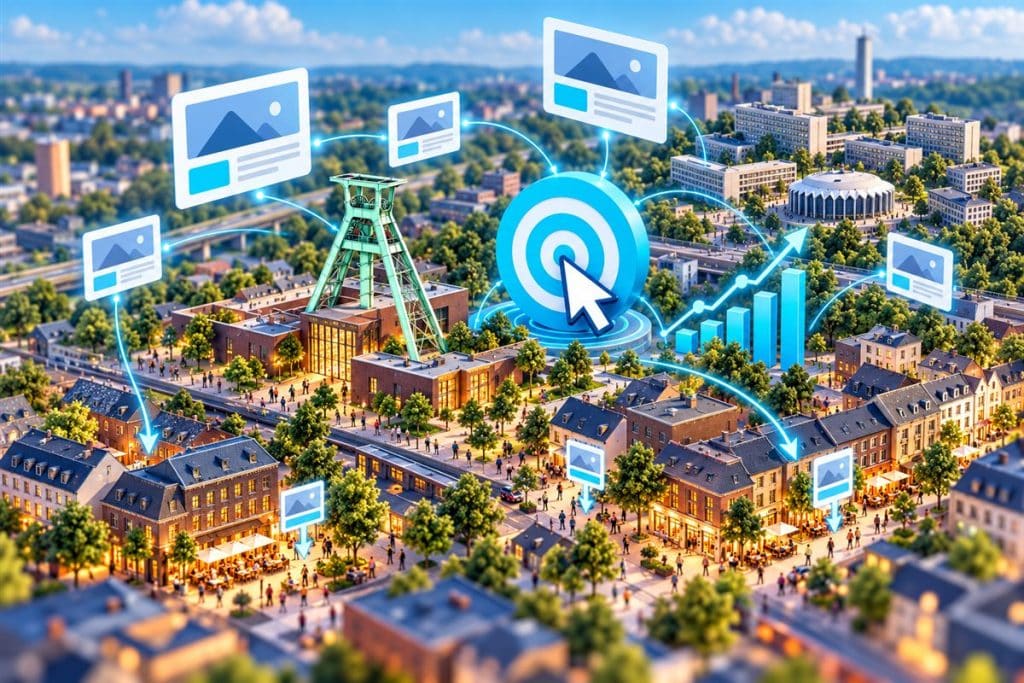 Bochum Google Ads yönetimi: Bochum şehir minyatürü üzerinde Google Ads reklam yönetimini anlatan illüstrasyon