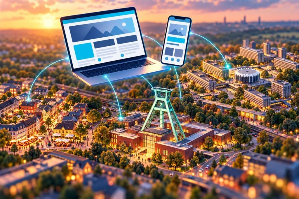 Bochum web tasarım: Bochum şehir minyatürü üzerinde web sitesi tasarımını anlatan illüstrasyon