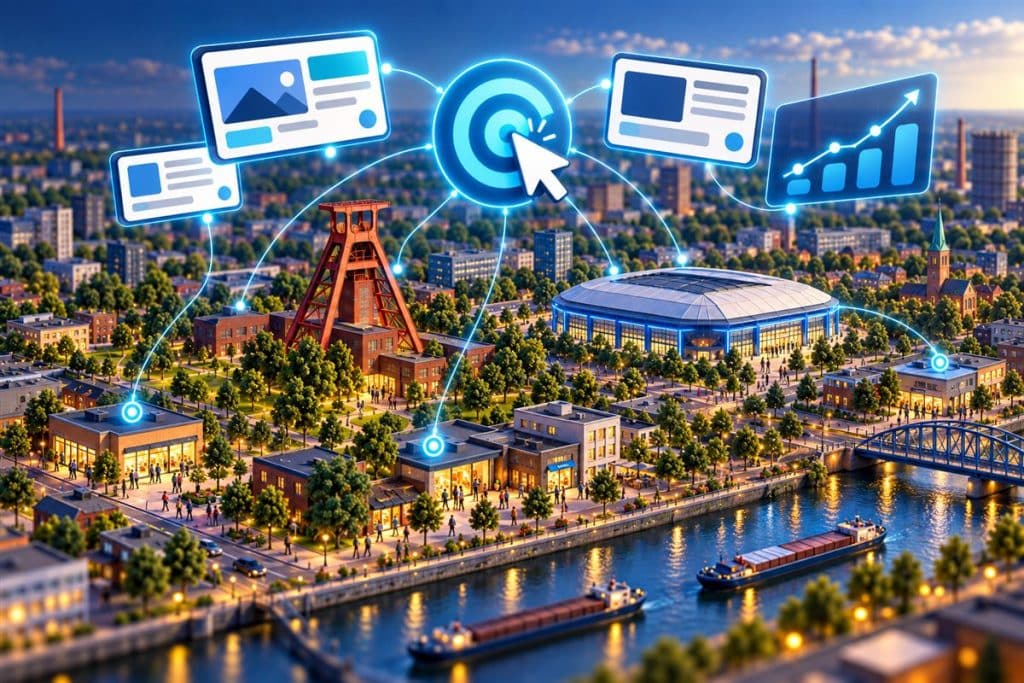 Gelsenkirchen Google Ads yönetimi: Gelsenkirchen şehir minyatürü üzerinde Google Ads reklam yönetimini anlatan illüstrasyon
