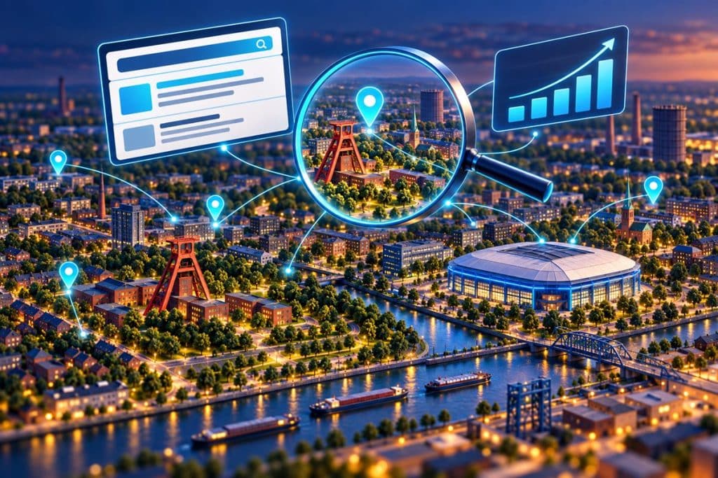 Gelsenkirchen SEO ajansı: Gelsenkirchen şehir minyatürü üzerinde yerel SEO ve arama görünürlüğünü anlatan illüstrasyon