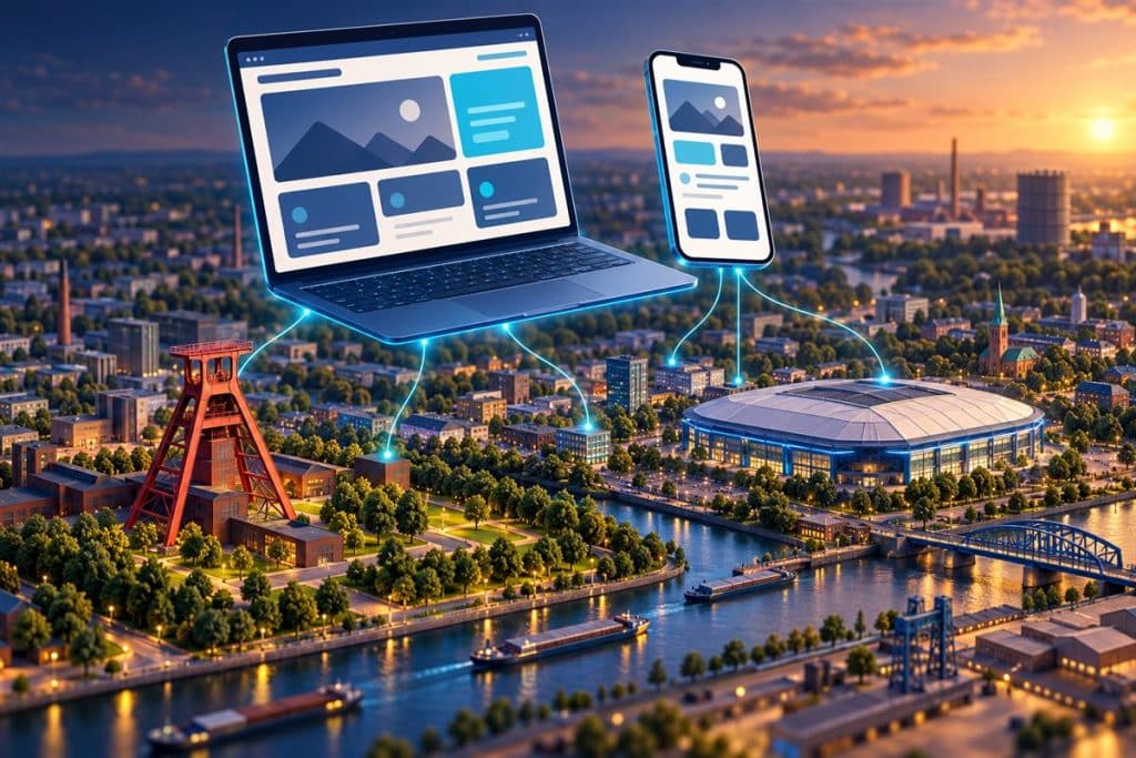 Gelsenkirchen web tasarım: Gelsenkirchen şehir minyatürü üzerinde web sitesi tasarımını anlatan illüstrasyon