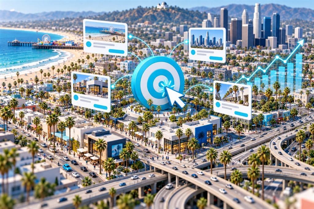 Los Angeles Google Ads yönetimi: Los Angeles şehir minyatürü üzerinde Google Ads reklam yönetimini anlatan illüstrasyon