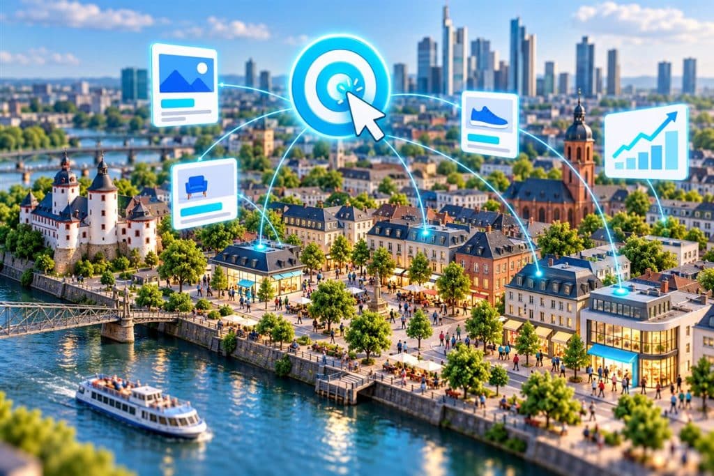 Offenbach Google Ads yönetimi: Offenbach şehir minyatürü üzerinde Google Ads reklam yönetimini anlatan illüstrasyon