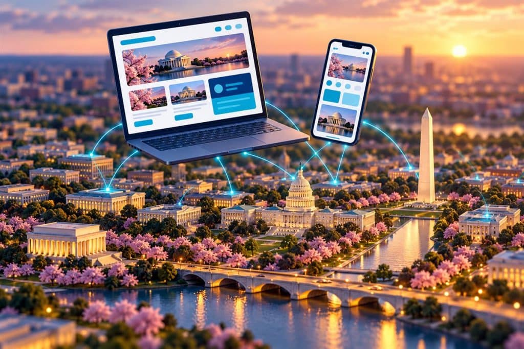 Washington DC web tasarım: Washington DC şehir minyatürü üzerinde web sitesi tasarımını anlatan illüstrasyon