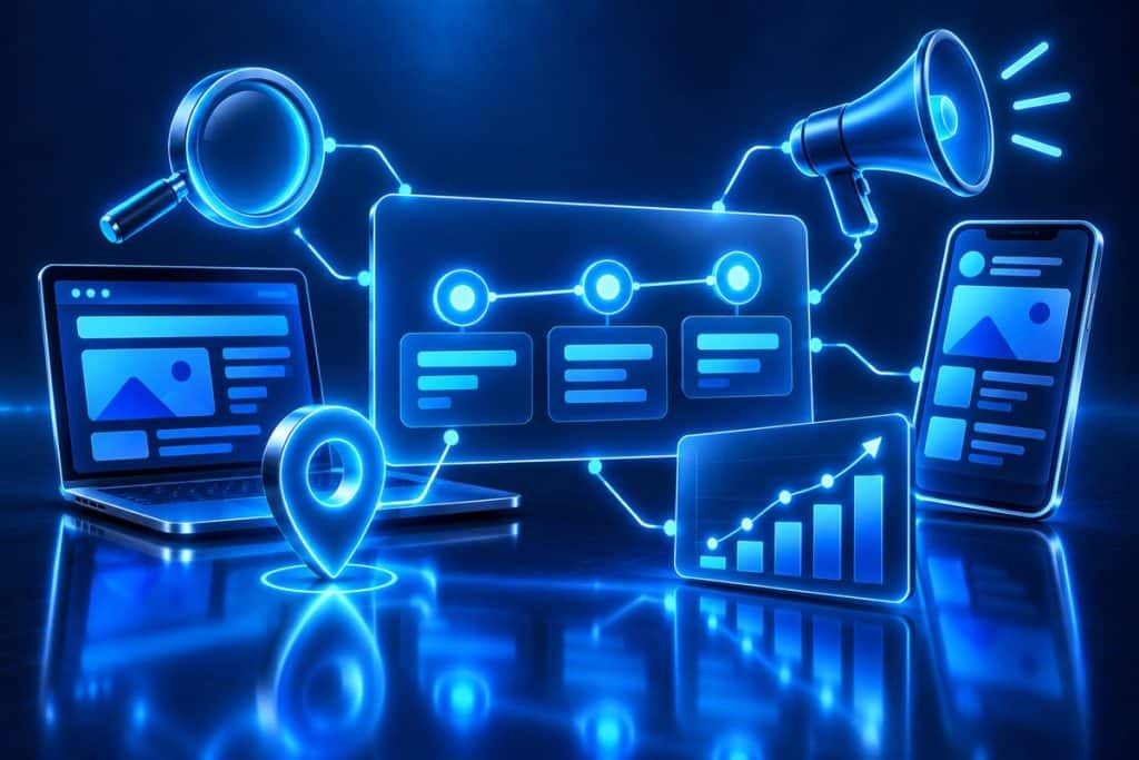 Dijital pazarlama danışmanlığı: web sitesi, arama, reklam ve sosyal medya kanallarının tek planda birleştiğini gösteren illüstrasyon