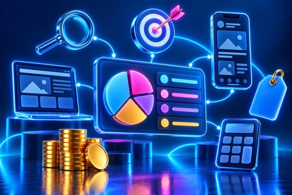 Dijital pazarlama fiyatları: SEO, reklam, sosyal medya ve web sitesi kalemlerine bölünmüş bütçe planı illüstrasyonu