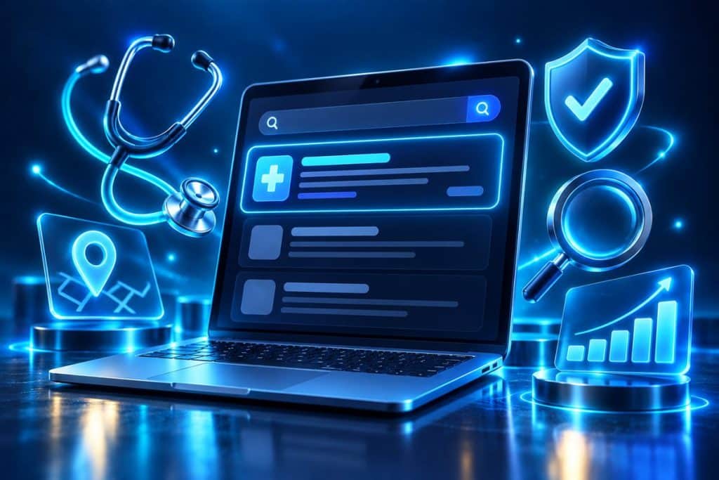 Doktorlar için SEO: arama sonuçlarında öne çıkan sağlık kuruluşu ve yerel harita görünürlüğü illüstrasyonu