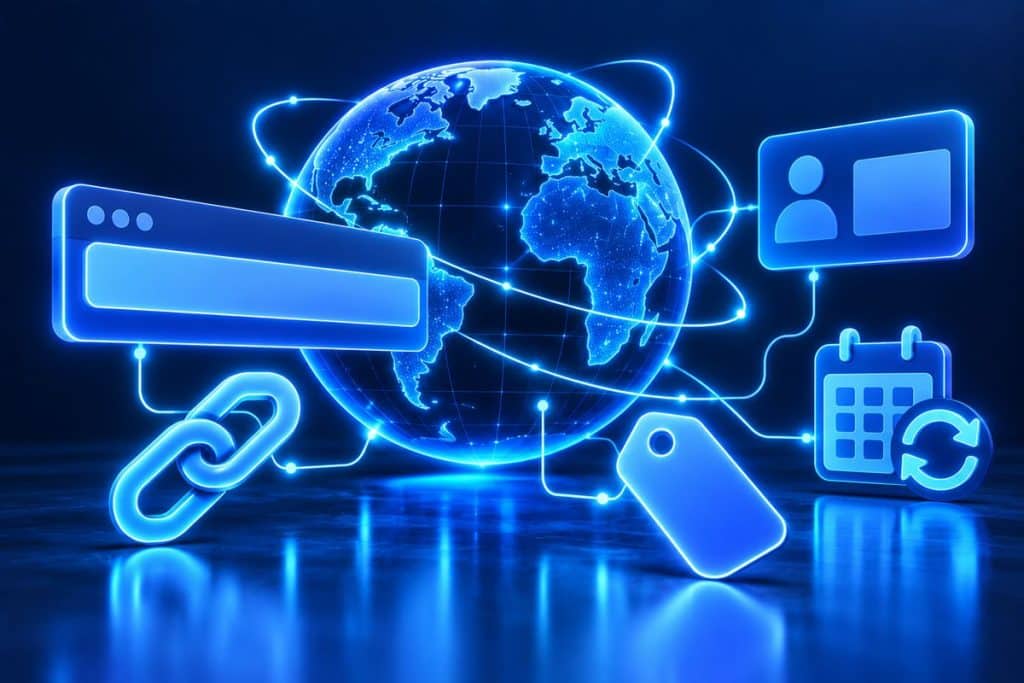 Domain fiyatları: alan adı, dünya küresi ve yıllık yenileme simgeleriyle alan adı kaydı illüstrasyonu