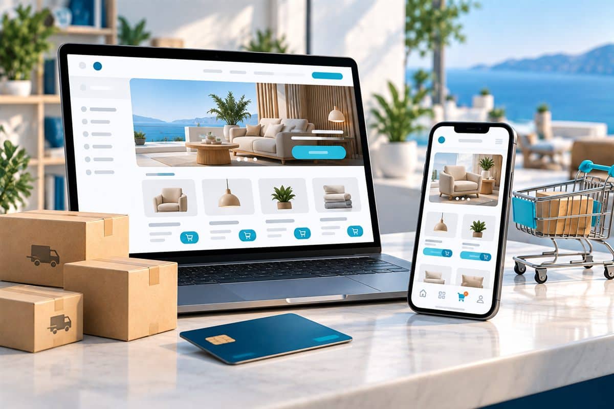 Modern e-commerce store interface, shipping boxes, and shopping cart on laptop and phone