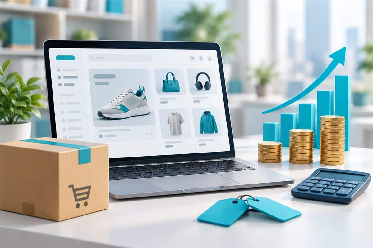Cost of building an e-commerce site with online store, coin stacks, and rising graph on laptop