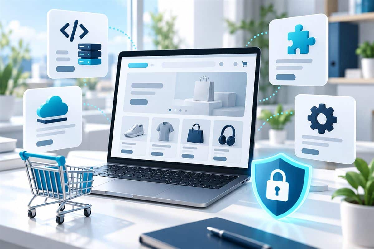 Laptopta online mağaza çevresinde açık kaynak, eklenti, bulut ve özel yazılım altyapı seçeneklerini simgeleyen e-ticaret scripti görseli