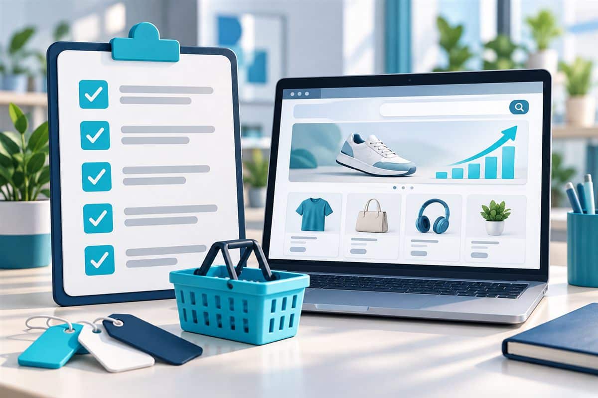 E-commerce SEO checklist with checklist board and online store with product cards on laptop