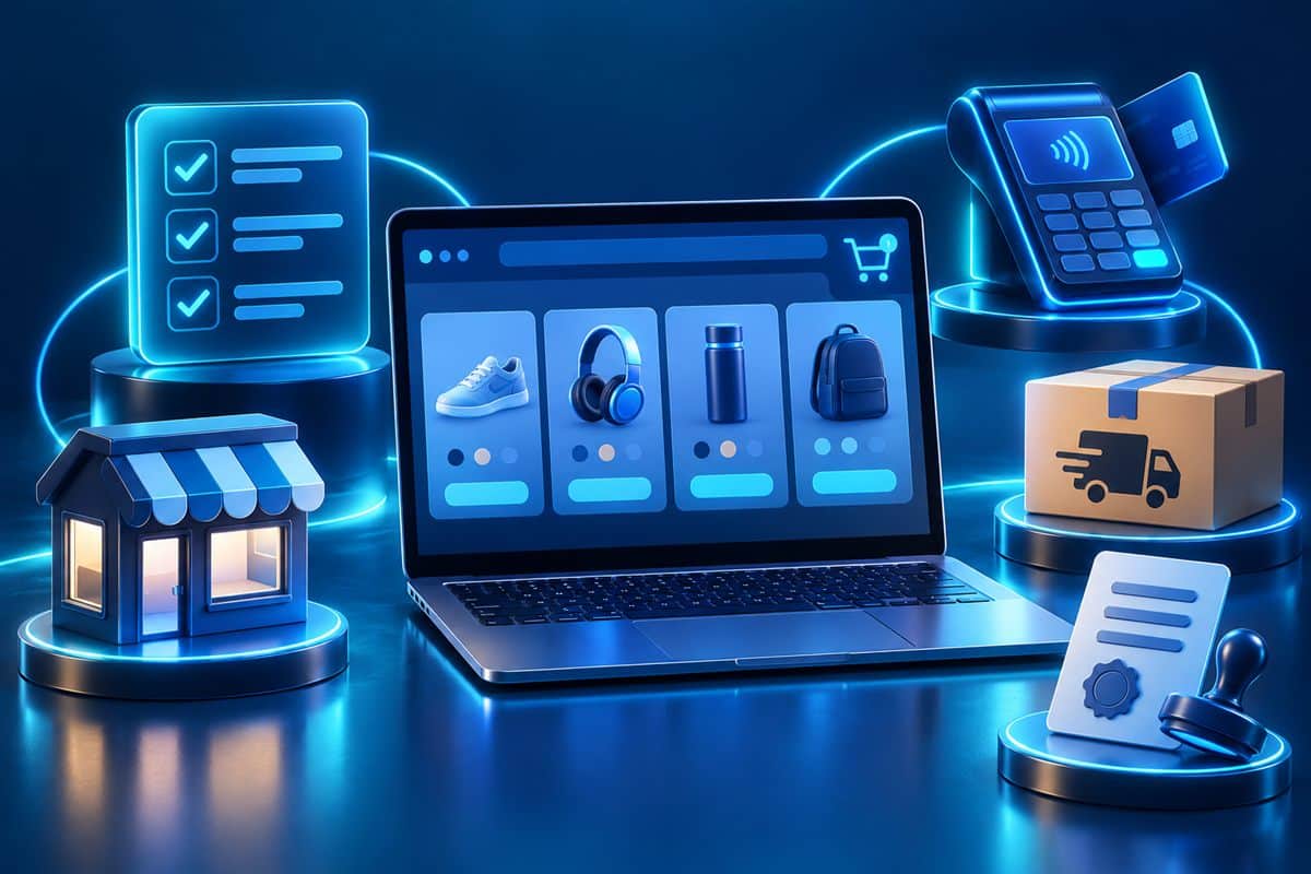 E-ticaret sitesi kurmak için gerekenler: online mağaza, ödeme, kargo ve belge adımlarını gösteren kontrol listesi illüstrasyonu