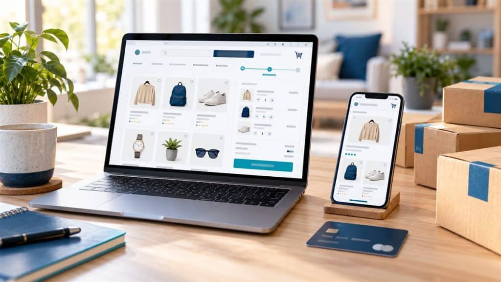 E-ticaret sitesi yapımı: dizüstü bilgisayar ve telefonda online mağaza arayüzü, kargo kutuları