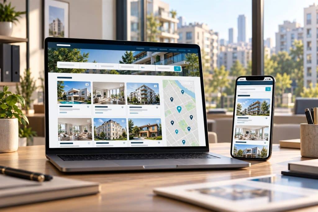 Emlak web sitesi tasarımı: ilan portföyü, harita ve filtre bölümlü emlak sitesi dizüstü ve telefonda