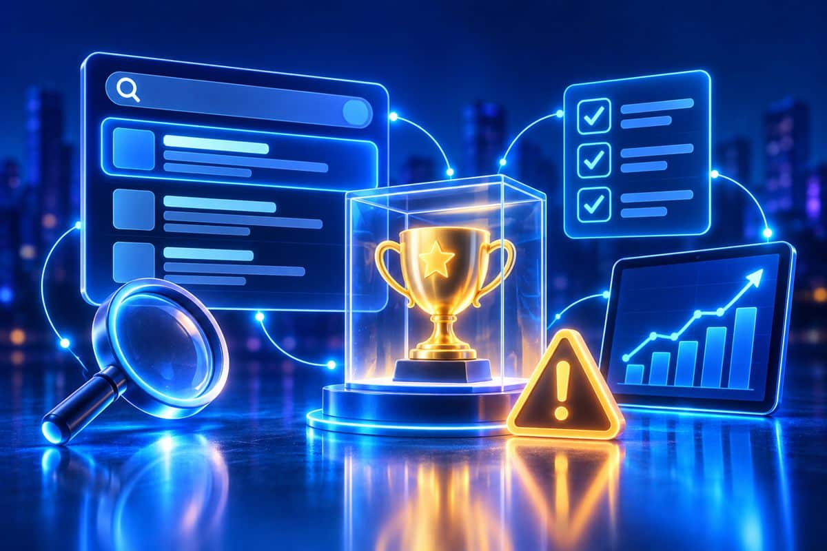 Garantili SEO hizmeti: arama sonuçları, kupa ve uyarı işaretiyle sıralama garantisi riskini anlatan illüstrasyon