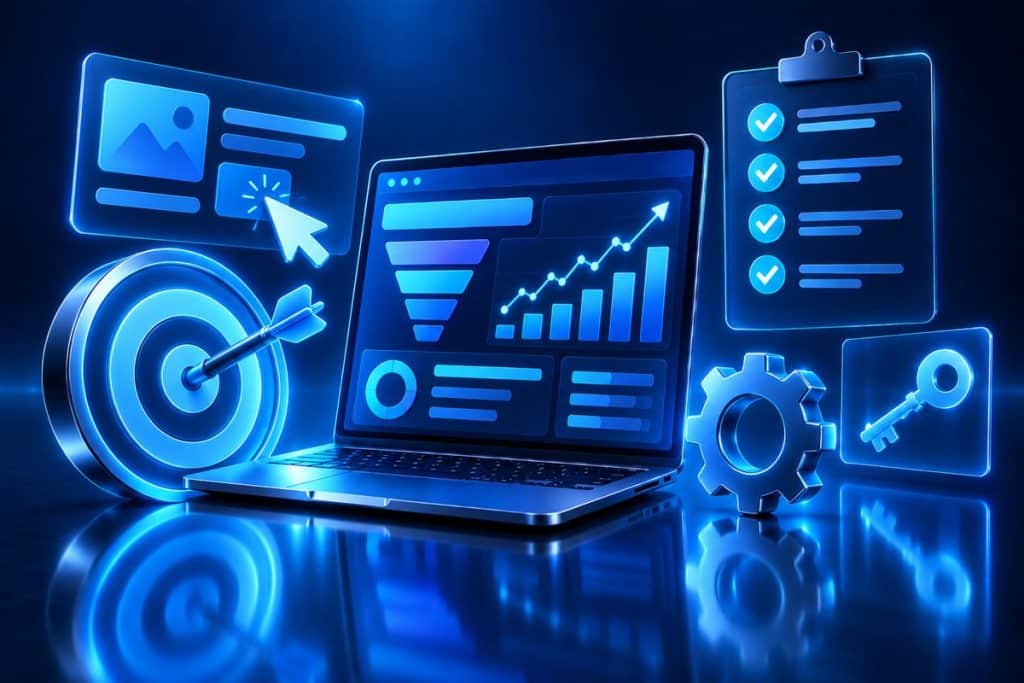 Google Ads danışmanlığı: reklam hesabı denetimi, dönüşüm ölçümü ve öncelik listesini gösteren illüstrasyon