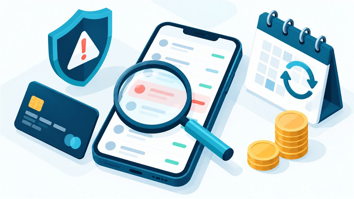 Google Ads neden para çekiyor: telefondaki banka hareketlerinde vurgulanan reklam ödemesi, büyüteç ve fatura döngüsü takvimi illüstrasyonu