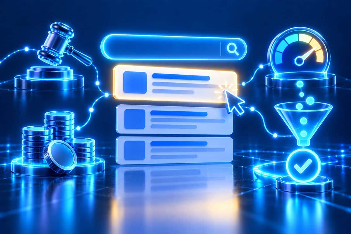 Google Ads nedir: arama sonuçlarında reklam alanı, açık artırma ve tıklama simgeleriyle Google reklamları illüstrasyonu