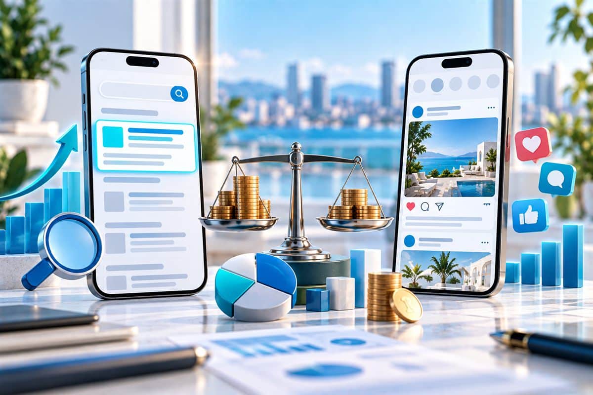 Budget scale between two phones showing search ad and social media ad
