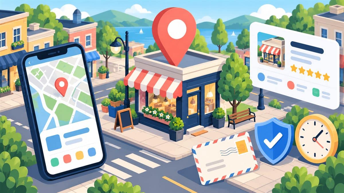 Google Haritalar işletme ekleme: dükkân üzerinde konum iğnesi, harita uygulaması, işletme kartı ve doğrulama simgeleri illüstrasyonu