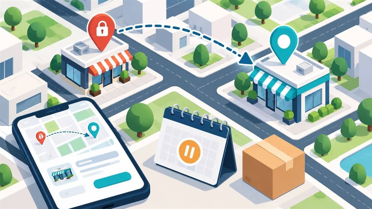 Google işletme kapatma: haritadaki kapalı işletme konumu ve yeni adrese taşınan harita işaretini gösteren illüstrasyon