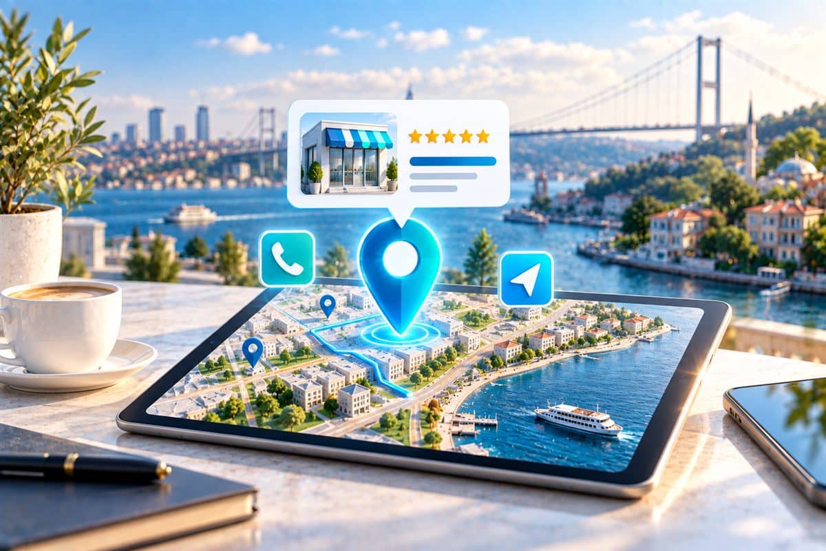 Google Business Profile local SEO with location pin on map and starred business card on tablet