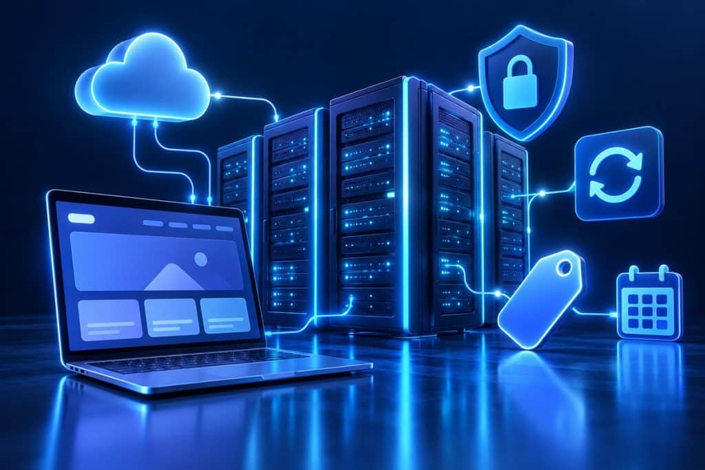 Hosting fiyatları: sunucular, bulut, güvenlik ve yıllık yenileme simgeleriyle web hosting illüstrasyonu