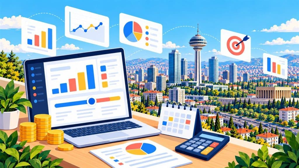 Ankara Google Ads yönetimi fiyatı: yönetim ücreti ve ayrı reklam bütçesi planlama paneli illüstrasyonu