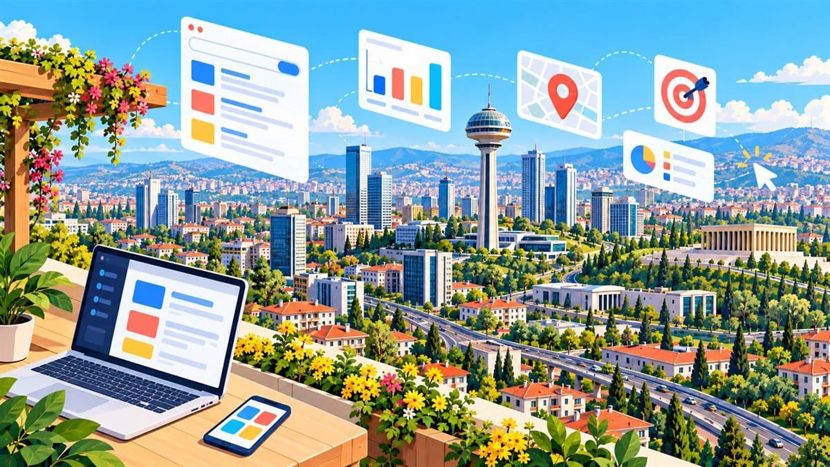 Ankara Google Ads yönetimi: Ankara silueti üzerinde arama reklamı, konum ve hedefleme panelleri illüstrasyonu