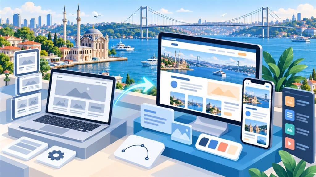Beşiktaş web tasarım: hazır şablon yerine işletmeye özel, masaüstü ve mobil uyumlu sayfa yapısı illüstrasyonu