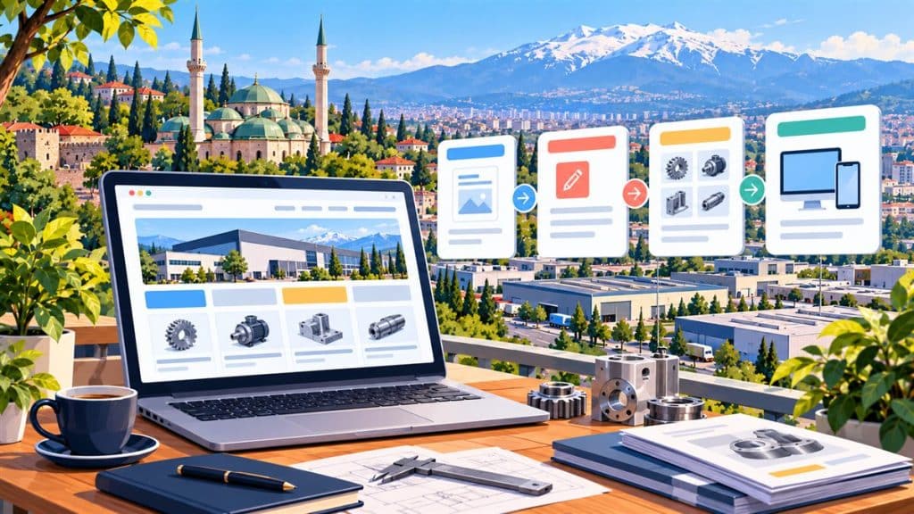 Bursa web tasarım: üretici ve sanayi firmaları için ürün kataloglu kurumsal site süreci illüstrasyonu