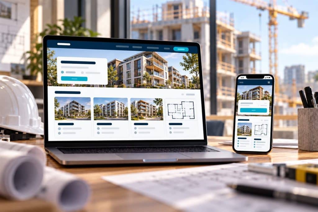 İnşaat firması web sitesi tasarımı: proje portföyü ve kat planı gösteren inşaat sitesi