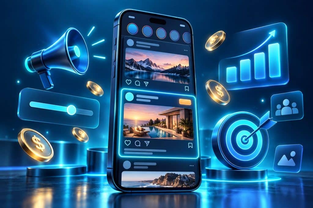Instagram reklam fiyatları: reklam bütçesi, teklif ve hedefleme kalemlerini gösteren sosyal medya reklam illüstrasyonu
