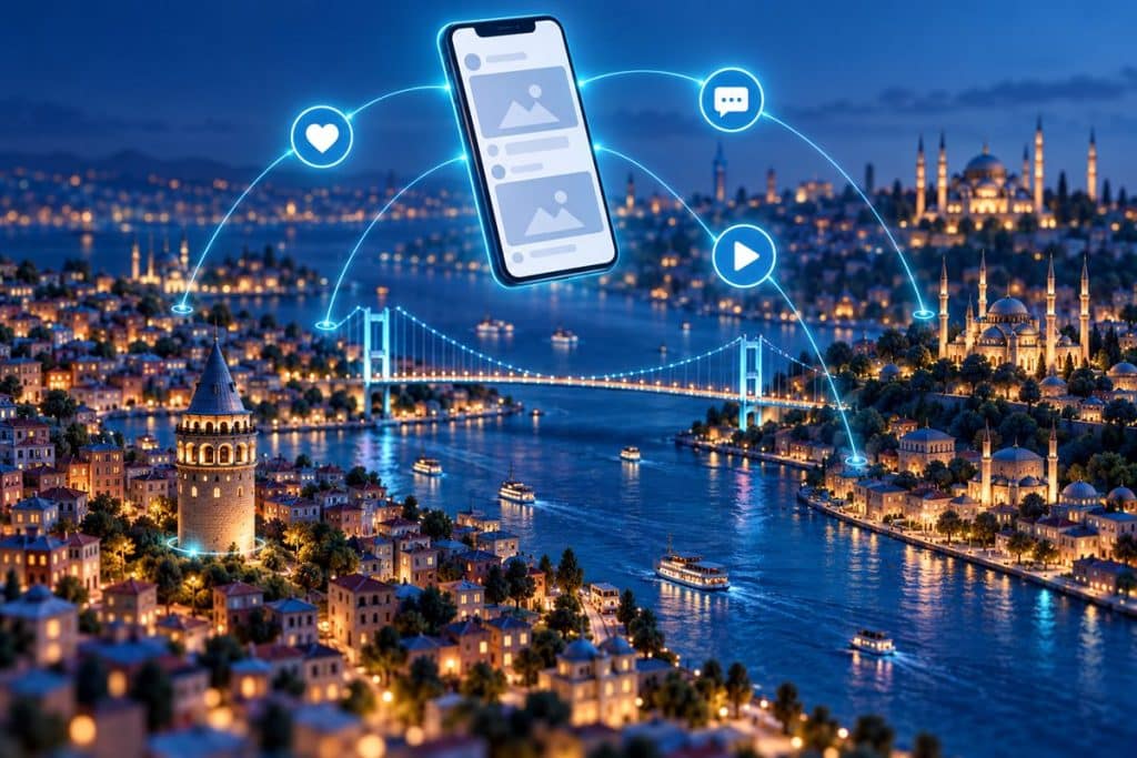 İstanbul sosyal medya yönetimi: Boğaz, köprü ve şehir silueti üzerinde sosyal medya paylaşım simgeleri illüstrasyonu