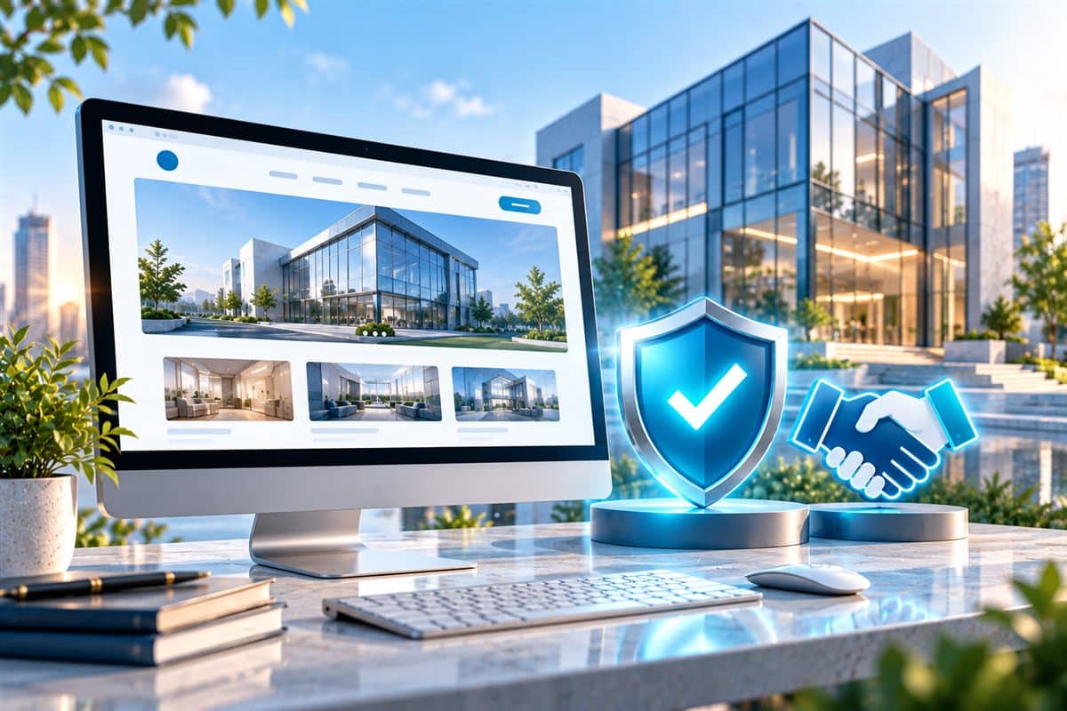 Corporate website, security shield, and collaboration icon in front of modern office building