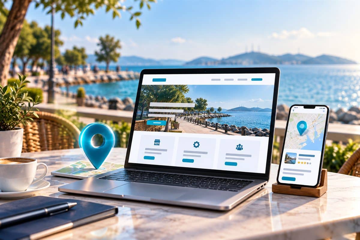 Local business website and location pin on a laptop with Maltepe coast view