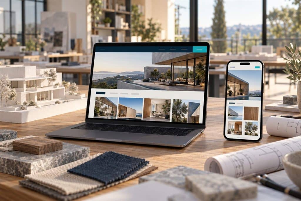 Mimarlık web sitesi tasarımı: büyük proje görselleri ve portfolyo ızgarası olan mimarlık ofisi sitesi