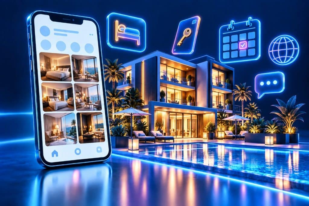 Otel sosyal medya yönetimi: butik otel, havuz, oda paylaşımları ve rezervasyon takvimi illüstrasyonu