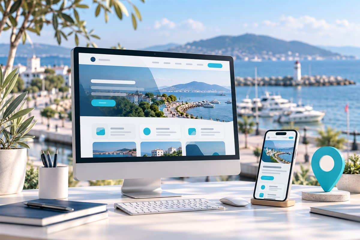 Pendik sahili ve marina manzarası önünde monitör ve telefonda yerel işletme web sitesi